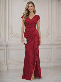 Mermaid Short Sleeve Floor Length Ruffled Mother of the Bride Dresses with Split Side