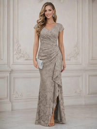 Mermaid Short Sleeve Floor Length Ruffled Mother of the Bride Dresses with Split Side