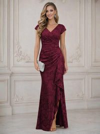 Mermaid Short Sleeve Floor Length Ruffled Mother of the Bride Dresses with Split Side