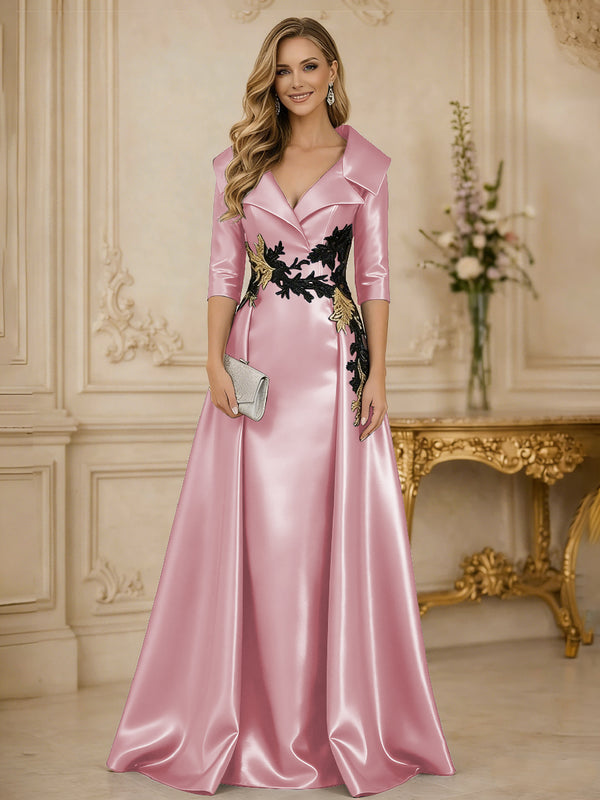 A Line/Princess 3/4 Sleeve Floor Length Mother of the Bride Dresses with Appliques