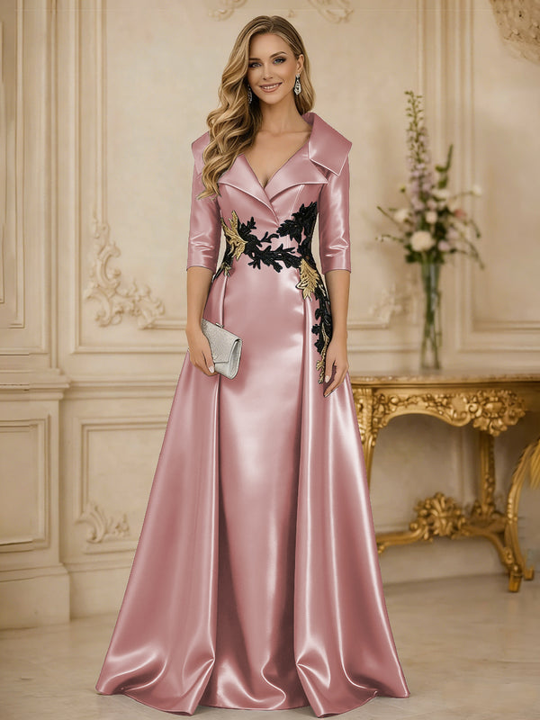 A Line/Princess 3/4 Sleeve Floor Length Mother of the Bride Dresses with Appliques