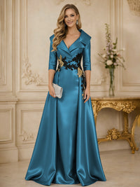 A Line/Princess 3/4 Sleeve Floor Length Mother of the Bride Dresses with Appliques