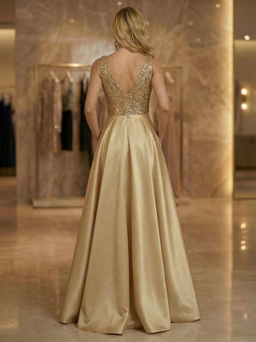 A Line V Neck Sleeveless Floor Length Mixed Mother of the Bride Dresses with Pleats