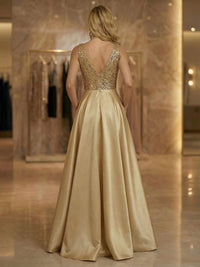 A Line V Neck Sleeveless Floor Length Mixed Mother of the Bride Dresses with Pleats