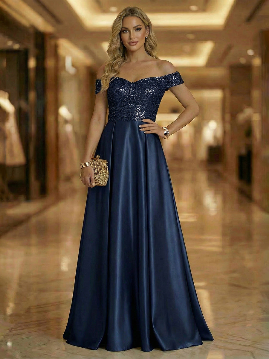 Off Shoulder Sleeveless Floor Length Mixed Sparkly Mother of the Bride Dresses with Pleats