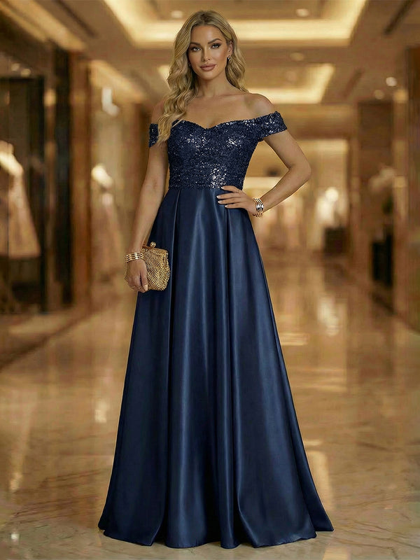 Off Shoulder Sleeveless Floor Length Mixed Sparkly Mother of the Bride Dresses with Pleats