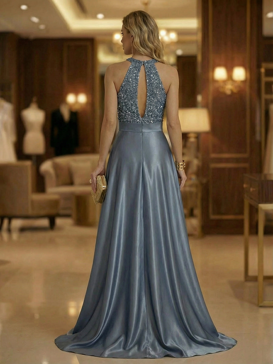 Shirees Sky Blue A Line Halter Neck Sleeveless Mother of the Bride Dresses with High Split & Cut Out 2026