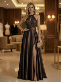 A Line Halter Neck Sleeveless Mother of the Bride Dresses with High Split & Cut Out
