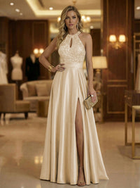 A Line Halter Neck Sleeveless Mother of the Bride Dresses with High Split & Cut Out