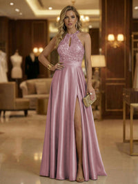 A Line Halter Neck Sleeveless Mother of the Bride Dresses with High Split & Cut Out