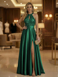 A Line Halter Neck Sleeveless Mother of the Bride Dresses with High Split & Cut Out