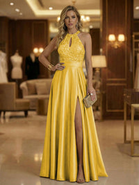 A Line Halter Neck Sleeveless Mother of the Bride Dresses with High Split & Cut Out