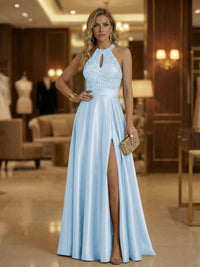 A Line Halter Neck Sleeveless Mother of the Bride Dresses with High Split & Cut Out