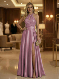 A Line Halter Neck Sleeveless Mother of the Bride Dresses with High Split & Cut Out