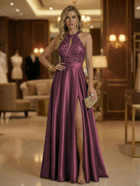 A Line Halter Neck Sleeveless Mother of the Bride Dresses with High Split & Cut Out