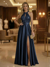 A Line Halter Neck Sleeveless Mother of the Bride Dresses with High Split & Cut Out