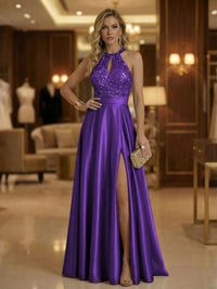 A Line Halter Neck Sleeveless Mother of the Bride Dresses with High Split & Cut Out