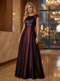 A Line Scoop Neck Long Pleated Mother of the Bride Dresses with Sequin