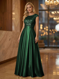 A Line Scoop Neck Long Pleated Mother of the Bride Dresses with Sequin