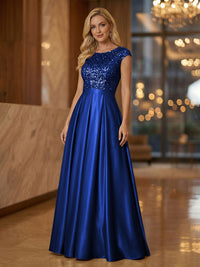 A Line Scoop Neck Long Pleated Mother of the Bride Dresses with Sequin