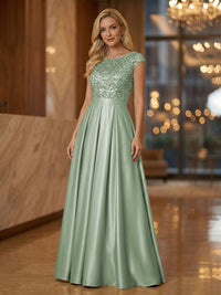 A Line Scoop Neck Long Pleated Mother of the Bride Dresses with Sequin