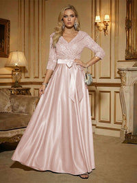 3/4 Sleeve A Line Sequined Floor Length Elegant Mother of the Bride Dresses with Bow