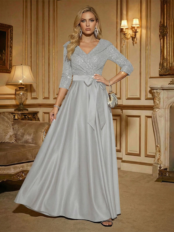 3/4 Sleeve A Line Sequined Floor Length Elegant Mother of the Bride Dresses with Bow