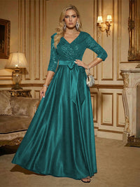 3/4 Sleeve A Line Sequined Floor Length Elegant Mother of the Bride Dresses with Bow