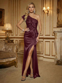Sheath One Shoulder Sleeveless Ruffled Mixed Mother of the Bride Dresses with High Split