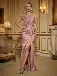 Sheath One Shoulder Sleeveless Ruffled Mixed Mother of the Bride Dresses with High Split