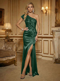 Sheath One Shoulder Sleeveless Ruffled Mixed Mother of the Bride Dresses with High Split