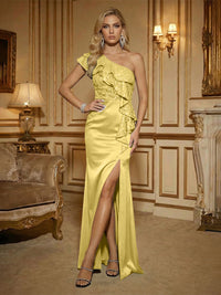 Sheath One Shoulder Sleeveless Ruffled Mixed Mother of the Bride Dresses with High Split