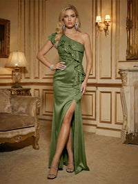 Sheath One Shoulder Sleeveless Ruffled Mixed Mother of the Bride Dresses with High Split