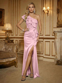 Sheath One Shoulder Sleeveless Ruffled Mixed Mother of the Bride Dresses with High Split