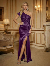 Sheath One Shoulder Sleeveless Ruffled Mixed Mother of the Bride Dresses with High Split