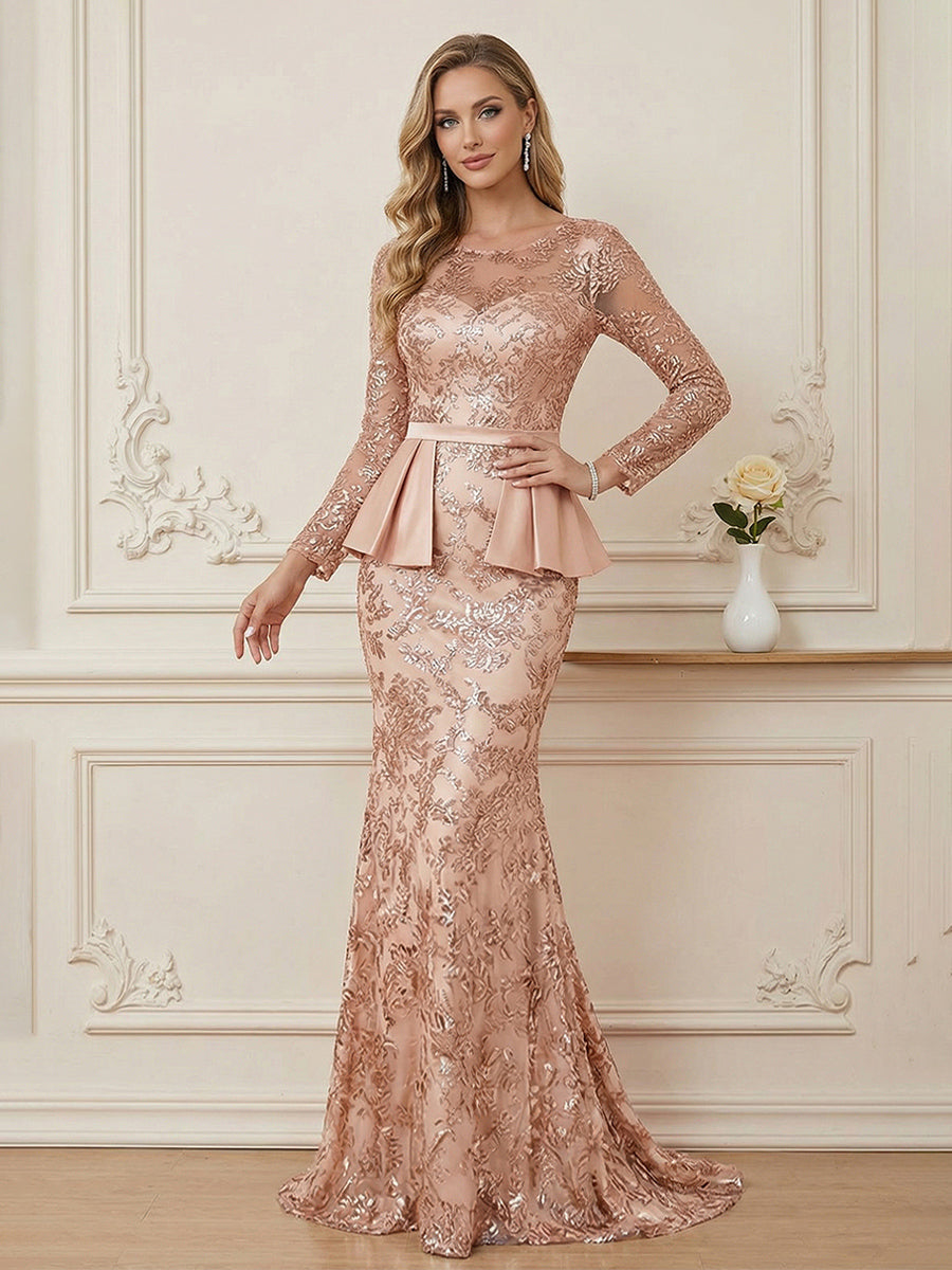 Mermaid Sheer Neck Long Sleeve Luxurious Appliqued Mother of the Bride Dresses with Peplum