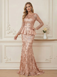 Mermaid Sheer Neck Long Sleeve Luxurious Appliqued Mother of the Bride Dresses with Peplum