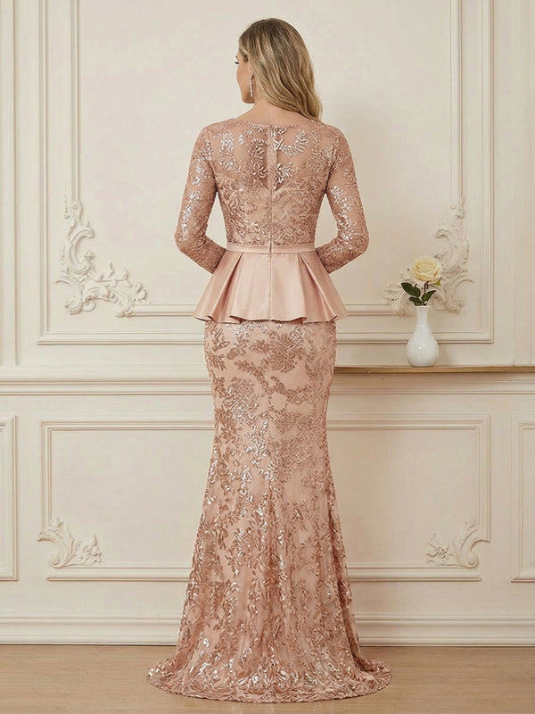 Mermaid Sheer Neck Long Sleeve Luxurious Appliqued Mother of the Bride Dresses with Peplum