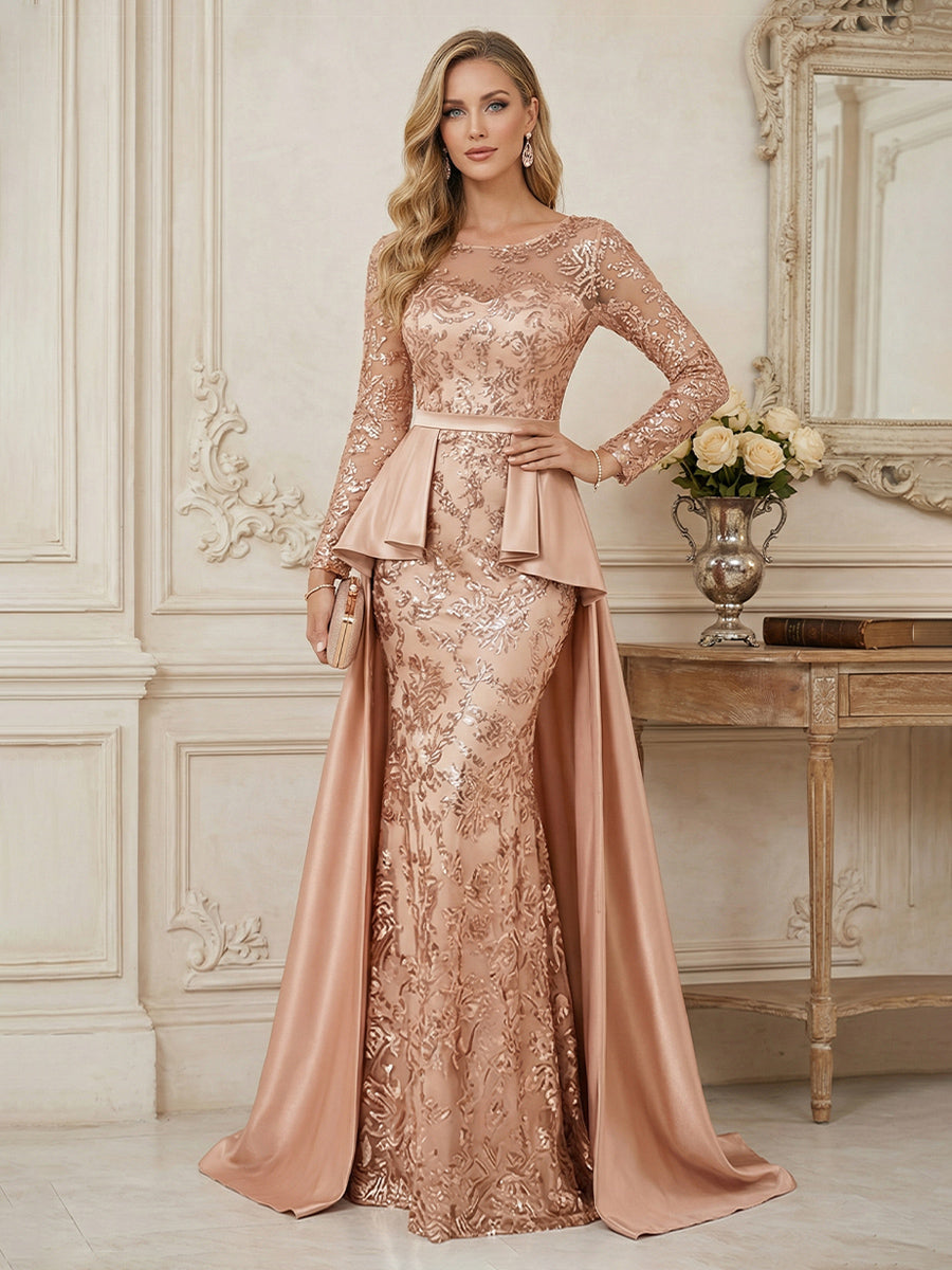 Mermaid Scoop Long Sleeve Floor Length Mother of the Bride Dresses with Peplum & Appliques