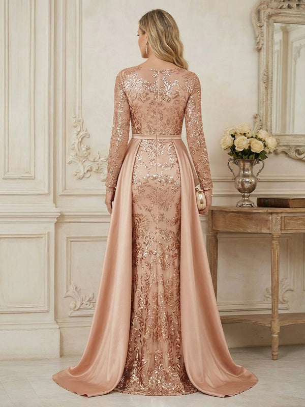 Mermaid Scoop Long Sleeve Floor Length Mother of the Bride Dresses with Peplum & Appliques