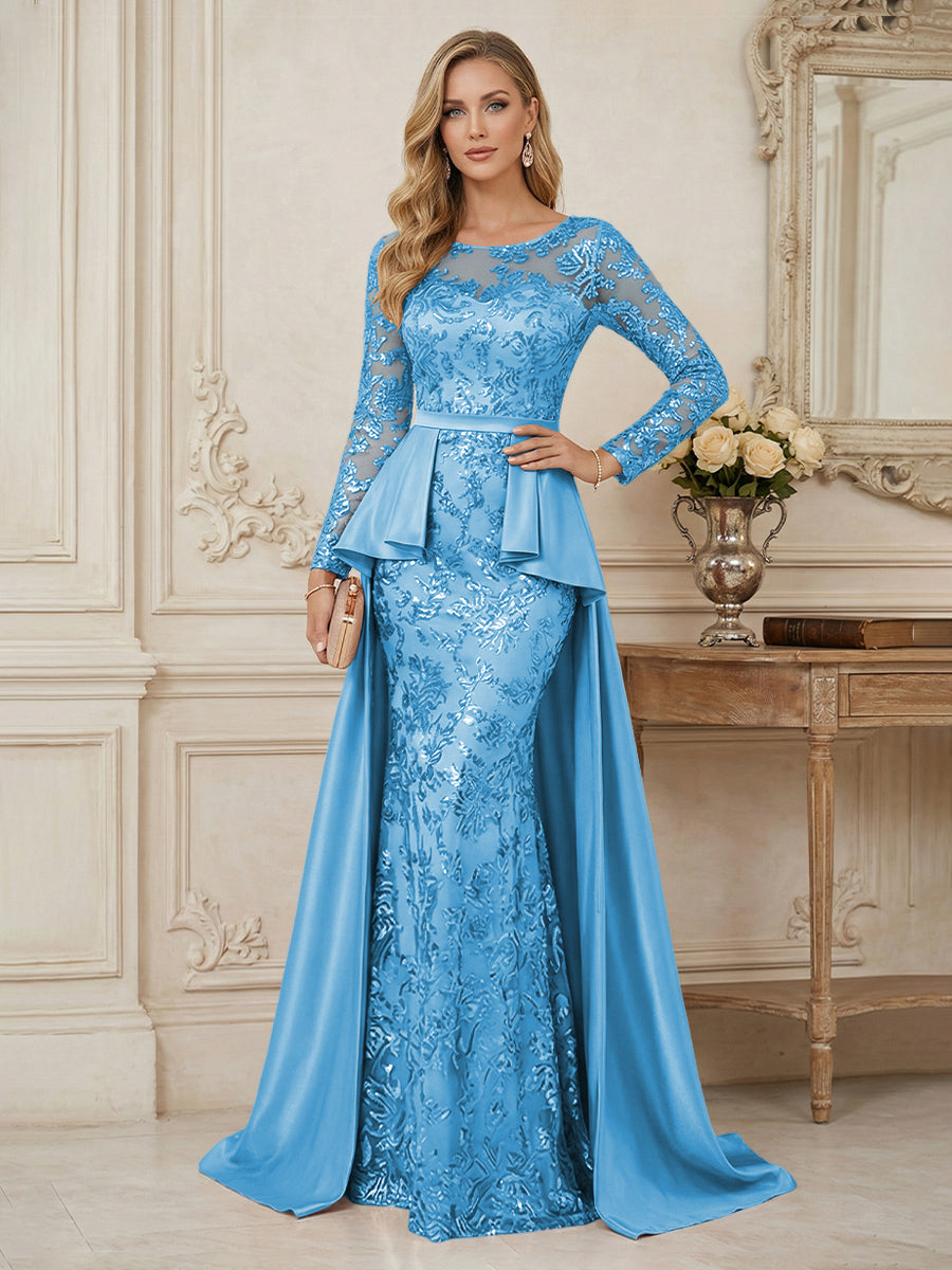 Mermaid Scoop Long Sleeve Floor Length Mother of the Bride Dresses with Peplum & Appliques