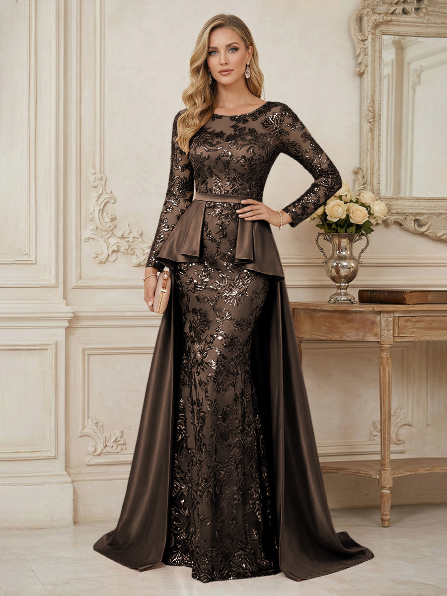 Mermaid Scoop Long Sleeve Floor Length Mother of the Bride Dresses with Peplum & Appliques