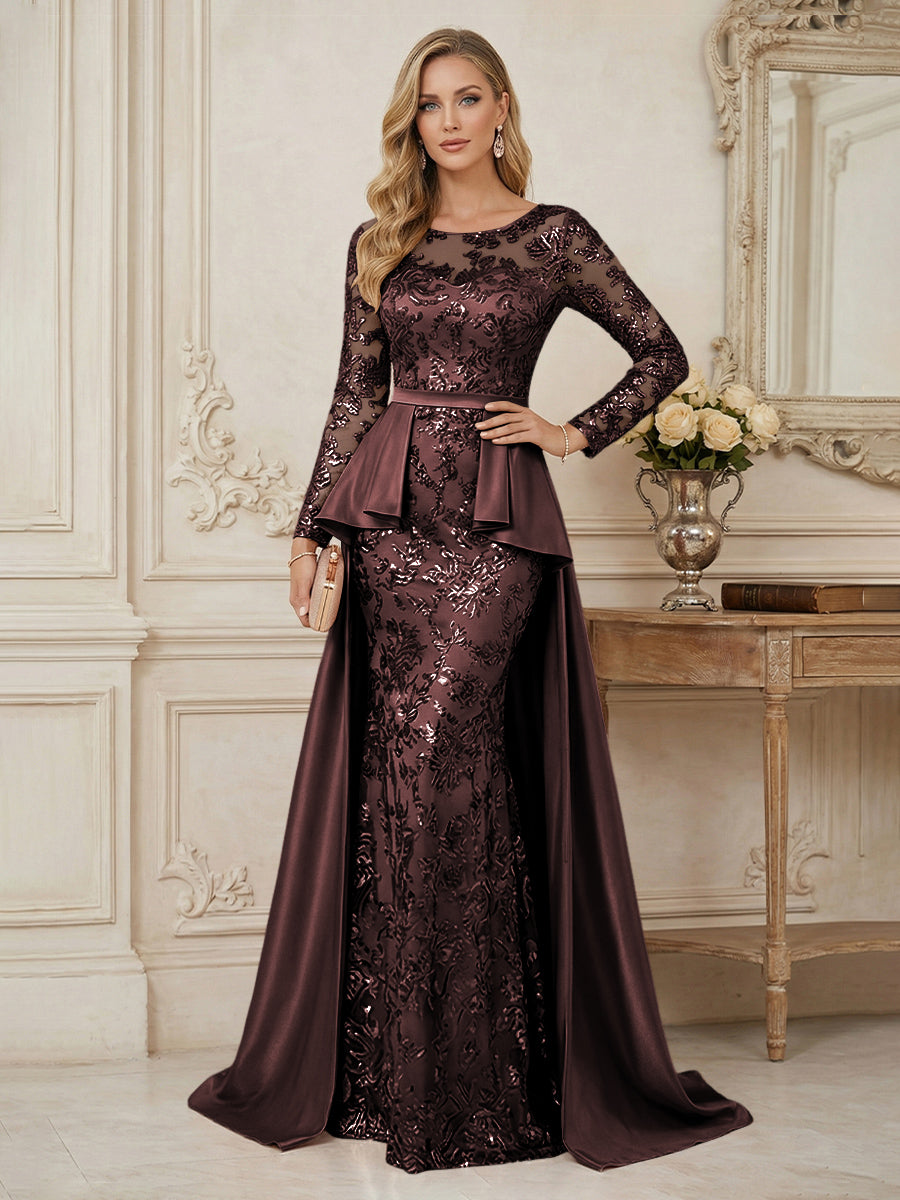 Mermaid Scoop Long Sleeve Floor Length Mother of the Bride Dresses with Peplum & Appliques