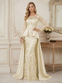 Mermaid Scoop Long Sleeve Floor Length Mother of the Bride Dresses with Peplum & Appliques