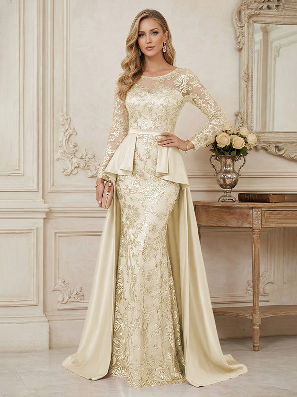 Mermaid Scoop Long Sleeve Floor Length Mother of the Bride Dresses with Peplum & Appliques
