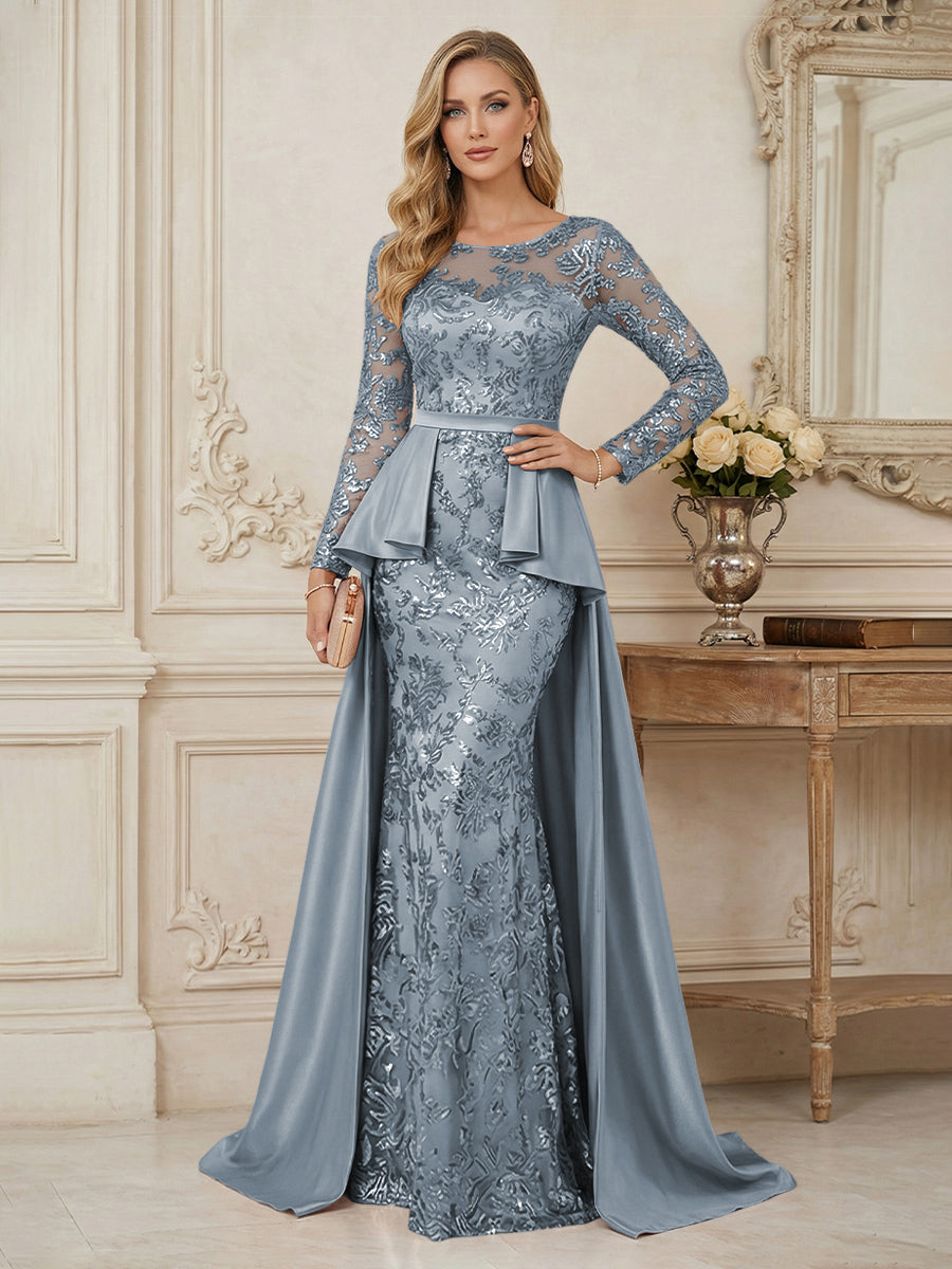 Shirees Dusty Blue Mermaid Scoop Long Sleeve Floor Length Mother of the Bride Dresses with Peplum & Appliques 2026