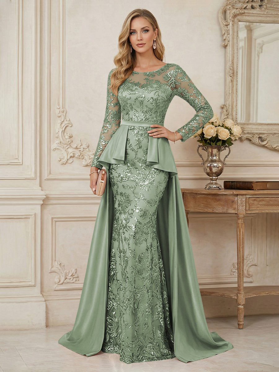 Mermaid Scoop Long Sleeve Floor Length Mother of the Bride Dresses with Peplum & Appliques