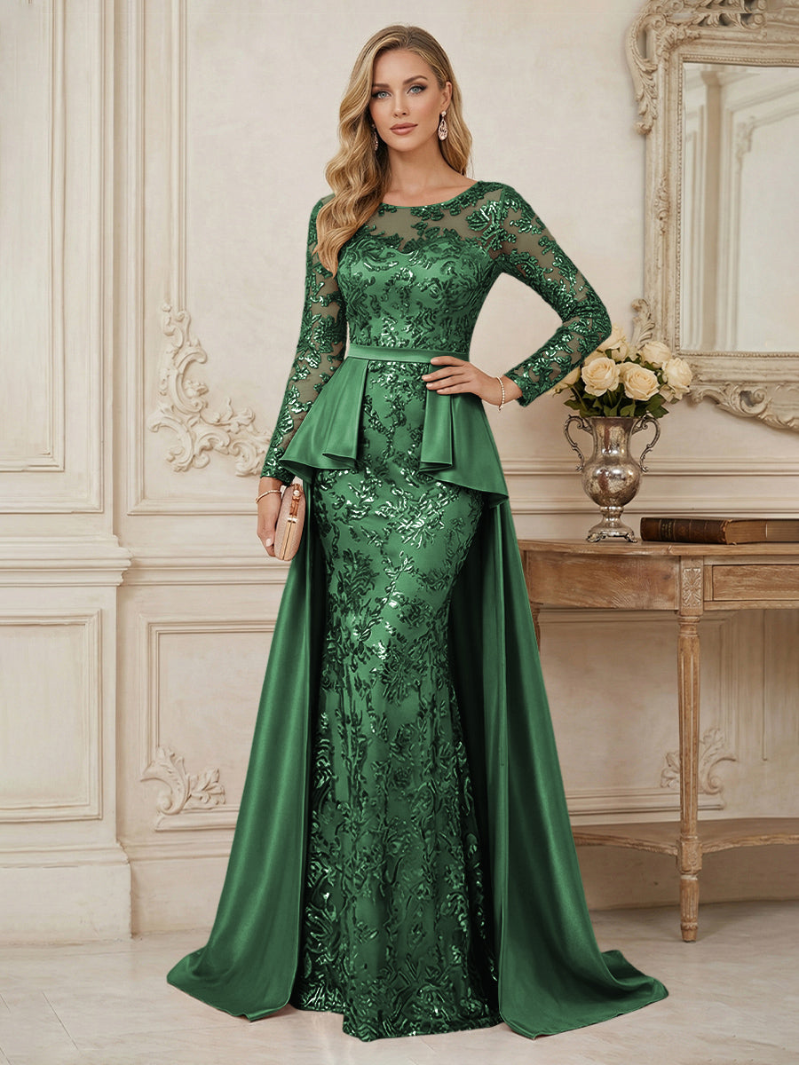 Mermaid Scoop Long Sleeve Floor Length Mother of the Bride Dresses with Peplum & Appliques