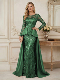 Mermaid Scoop Long Sleeve Floor Length Mother of the Bride Dresses with Peplum & Appliques