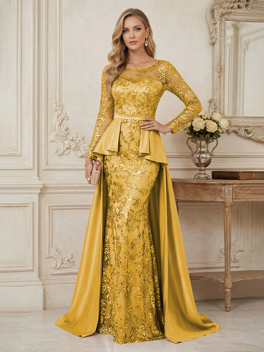 Mermaid Scoop Long Sleeve Floor Length Mother of the Bride Dresses with Peplum & Appliques